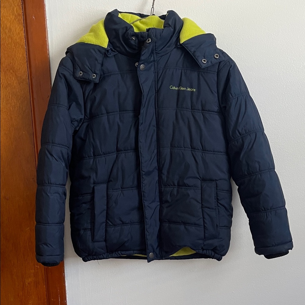 Calvin Klein Kids Dark Blue Puffer with Bright Green Lining